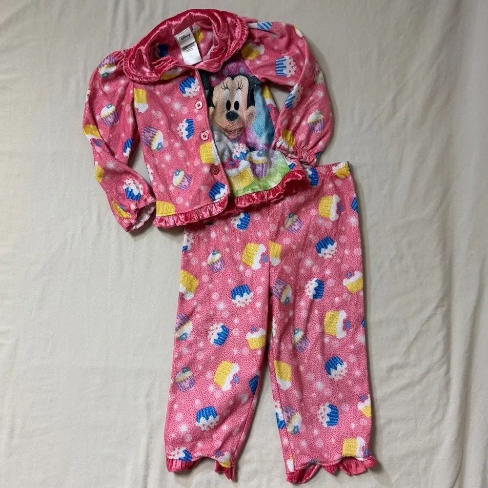 Disney Minnie Mouse Pajama Set Girls 3T Pink Top Bottom Cupcake Cozy Cute Ruffle